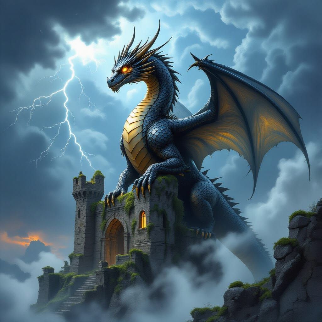 Ancient Dragon on Castle Ruin in Stormy Sky