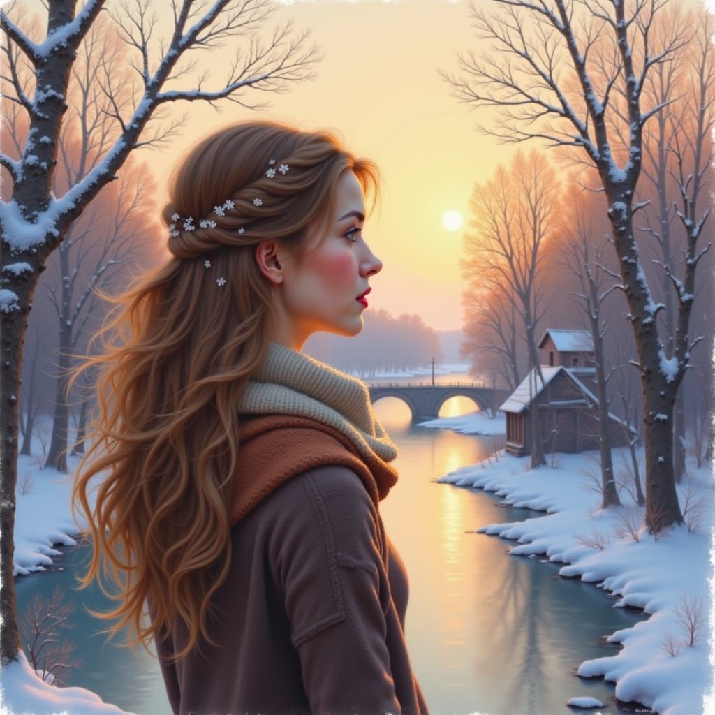 Woman on Terrace at Winter Sunset with Dreamy River Landscap...