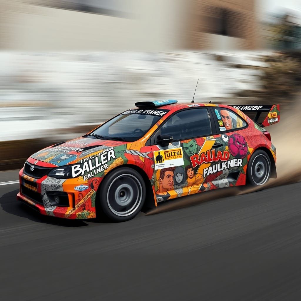 Rally car wrapped in "the ballad of eric faulkner" artwork