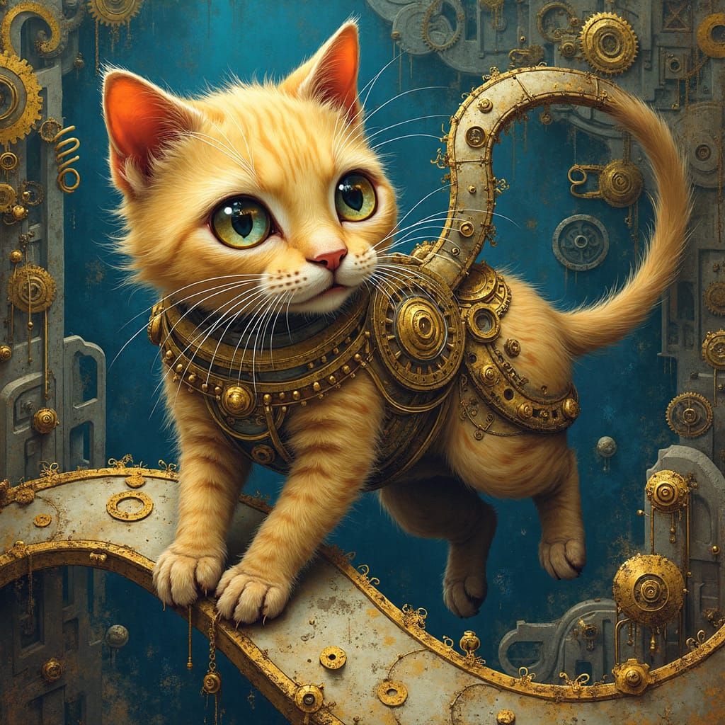 Steampunk Clockwork Cat Navigating Clockwork City