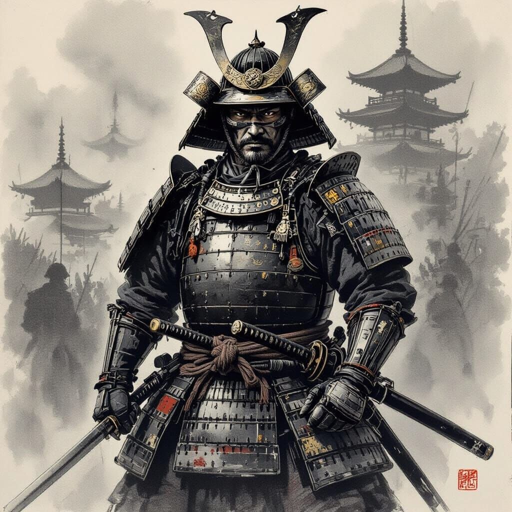 Charcoal Drawing of a Formidable Shogun Warrior