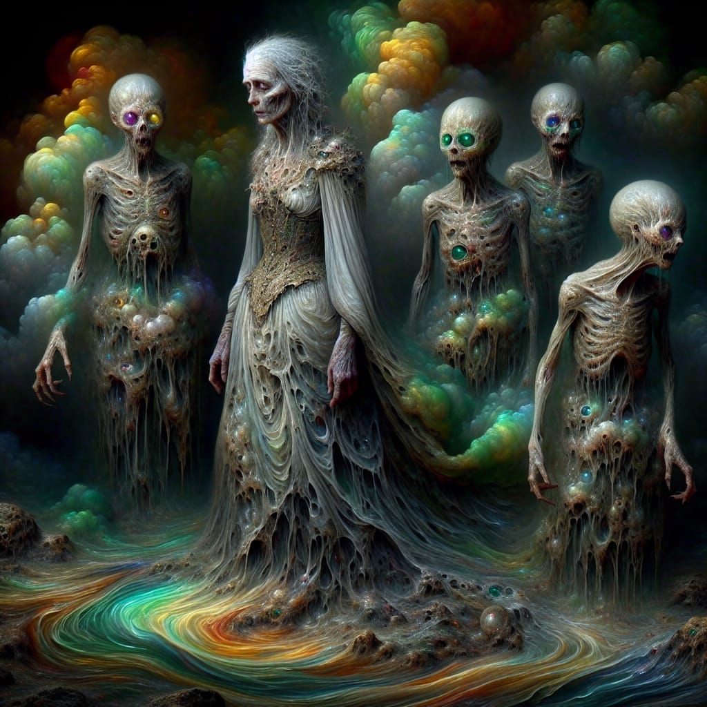Surreal Queen with Grotesque Servants in Oily Abyss