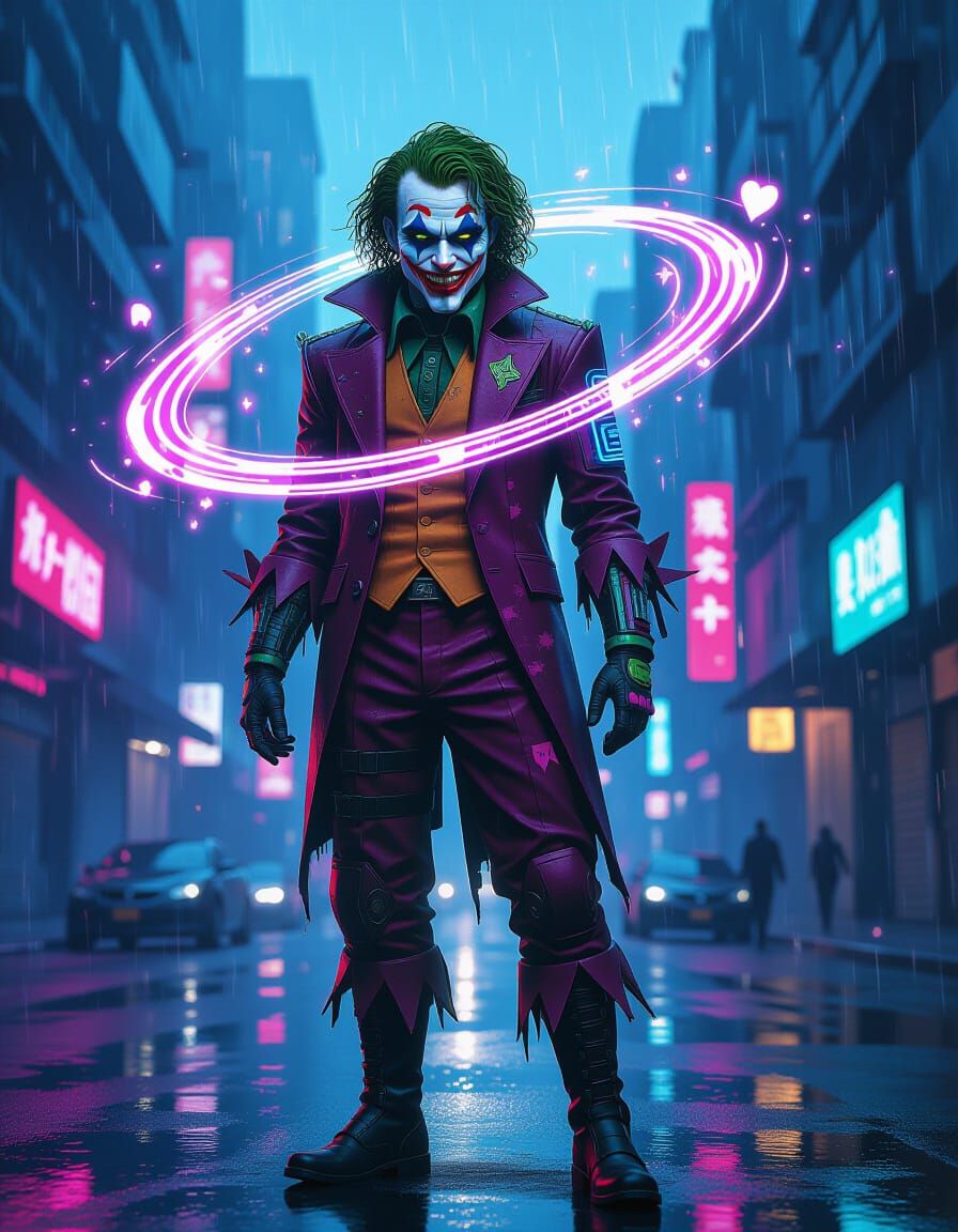 Cyberpunk Joker Trickster in Neon City