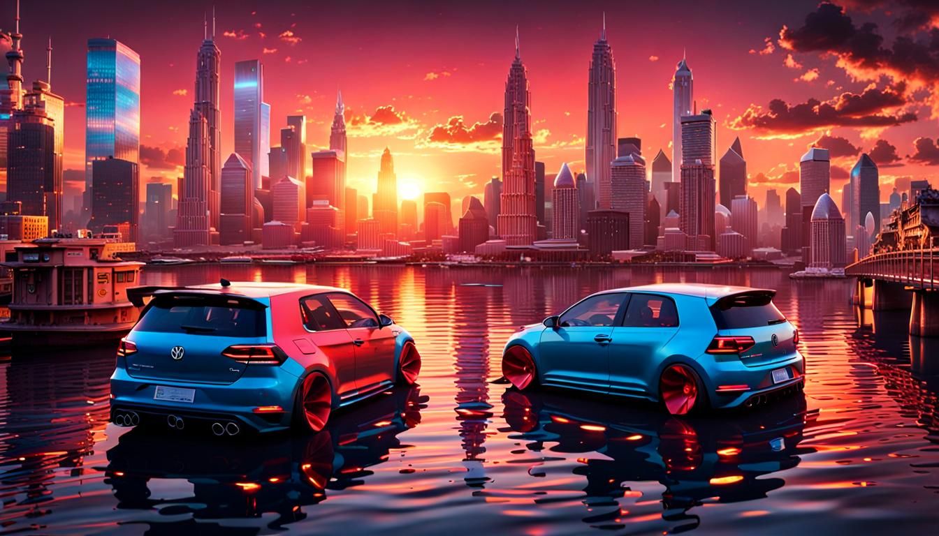 Solarpunk Cityscape with Race Car, Detailed Matte Painting