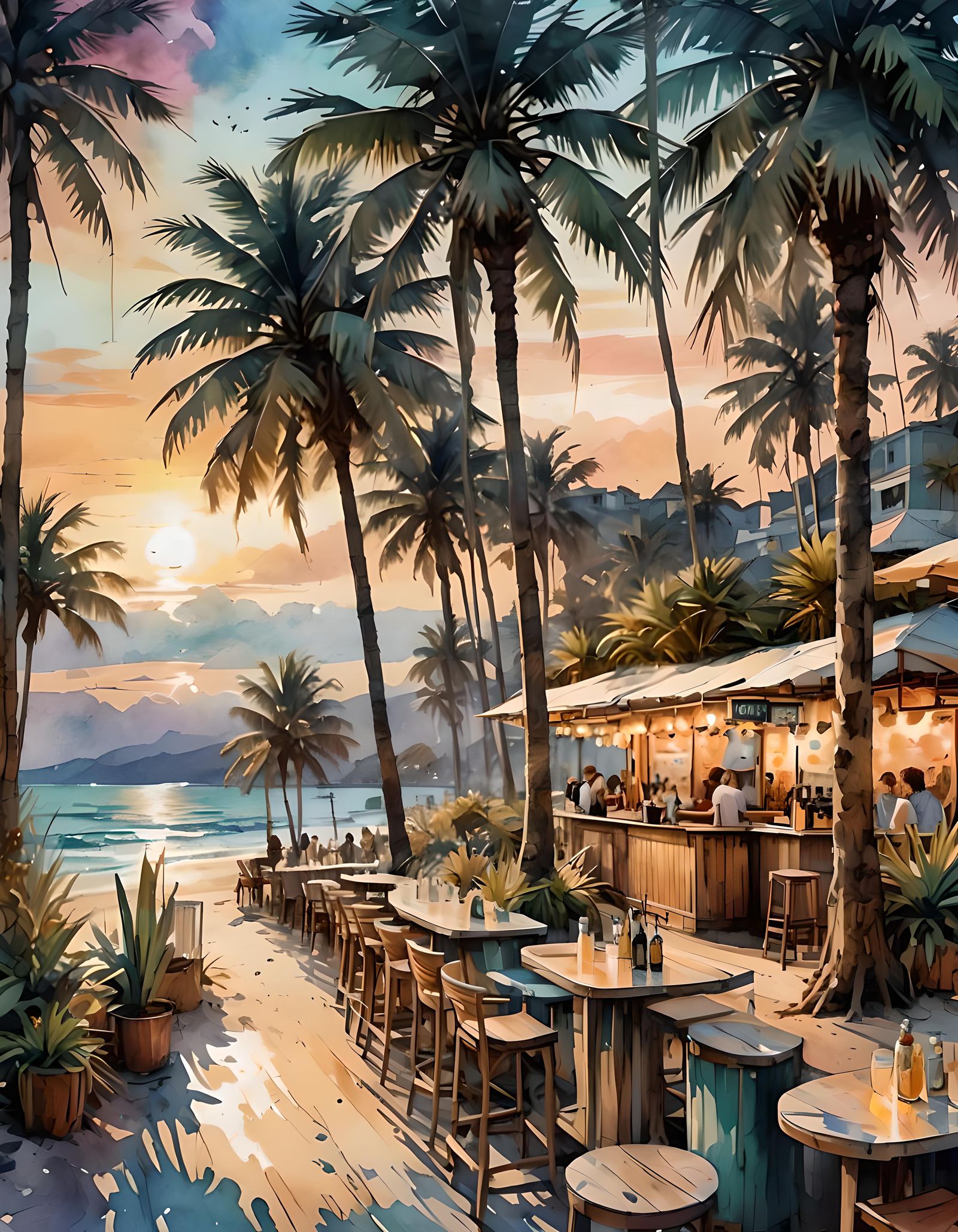 Summer Beach Sunset: Digital Watercolor Illustration