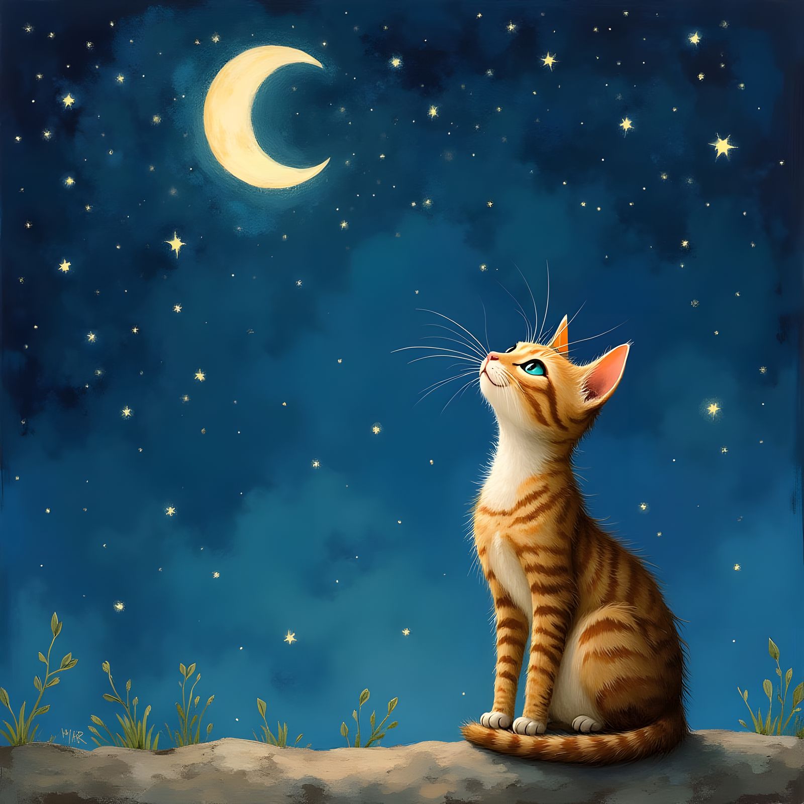 Celestial Cat Contemplation in Gouache