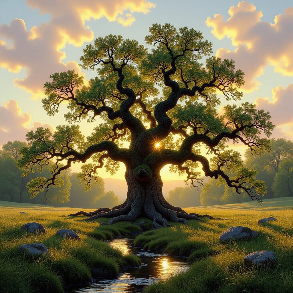 Ancient Oak Tree in Sun-Dappled Clearing - Romantic Style