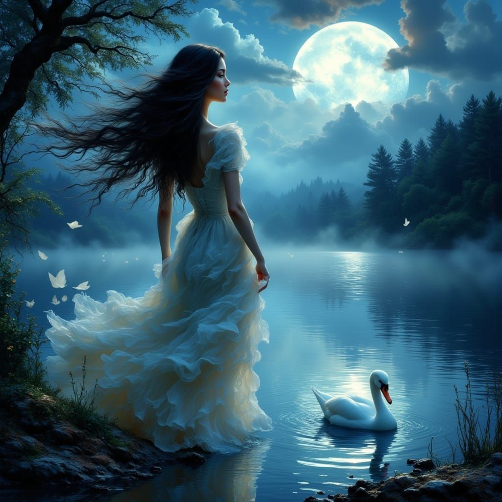 Mysterious Woman by Moonlit Lake with Swan