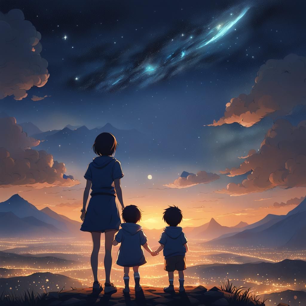 Mother and Child Admire Starry Night Sky