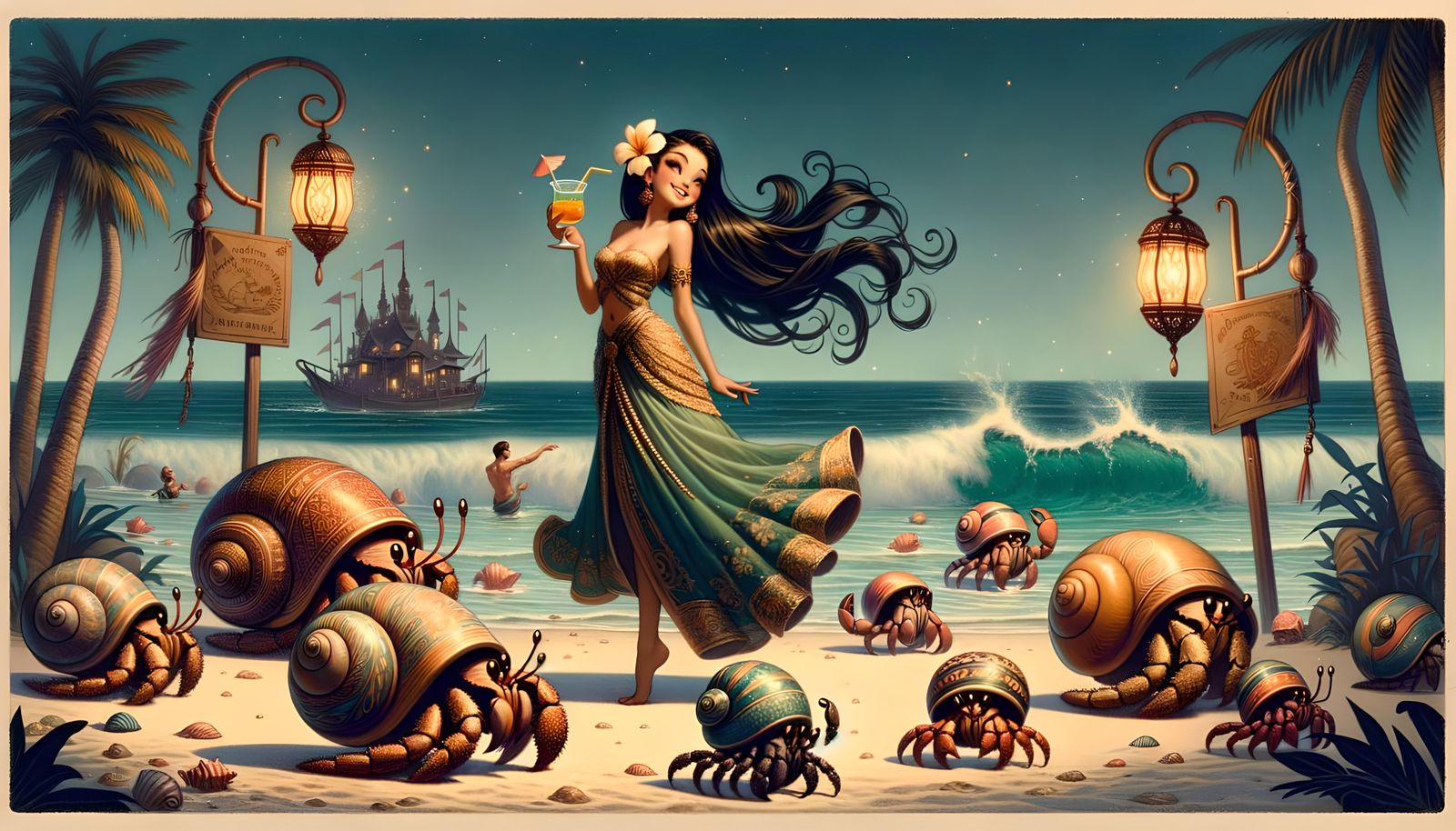 Mermaid's Beach Party in Vintage Animation Style