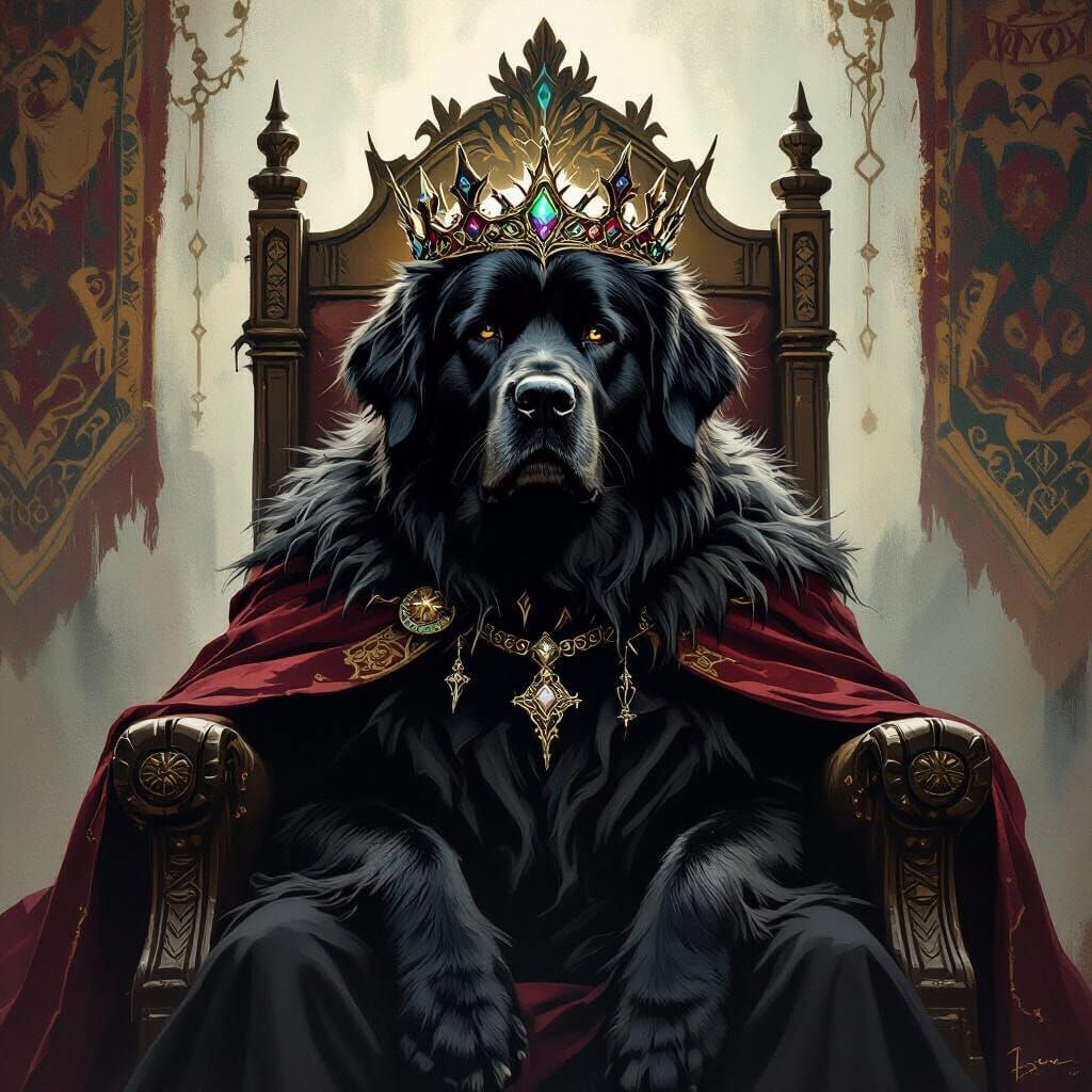 Newfoundland Dog King in Dark Fantasy Style