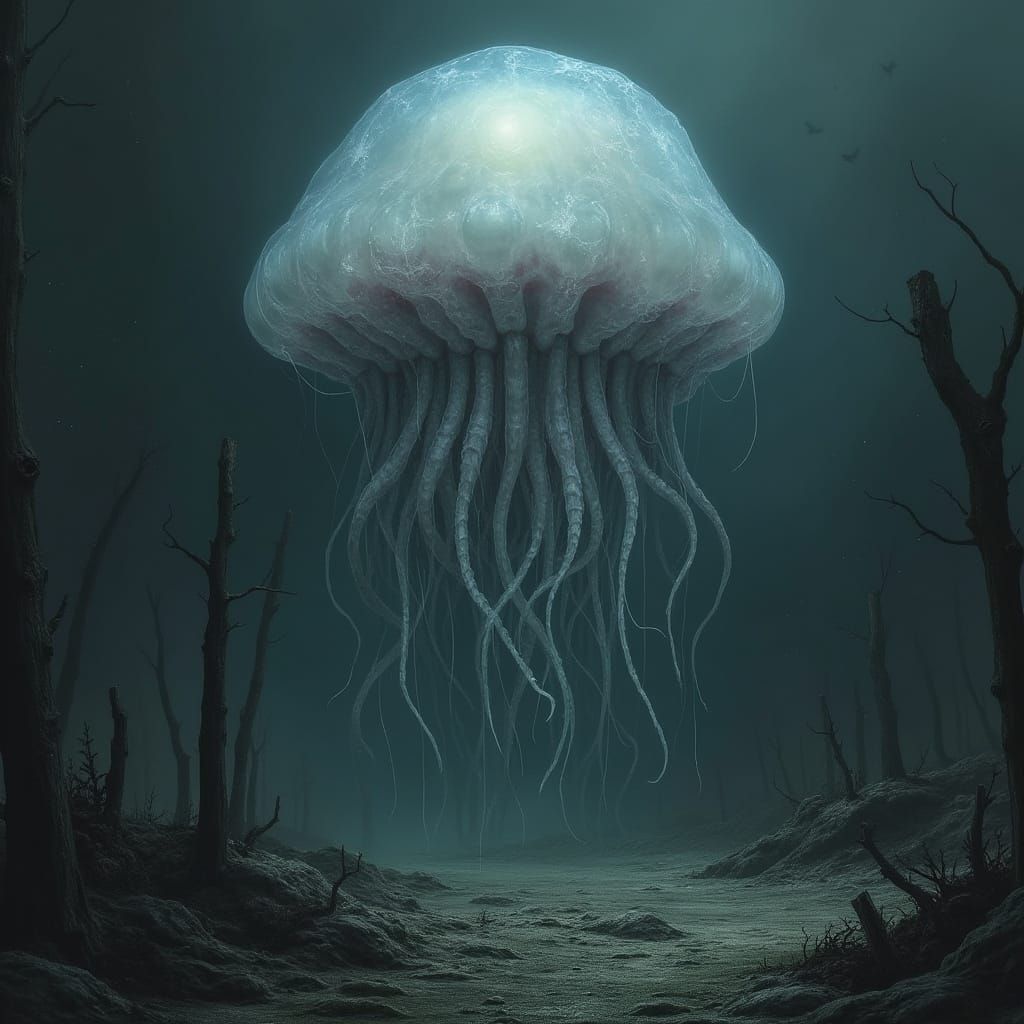 Bioluminescent Jellyfish Monster in Dystopian Landscape