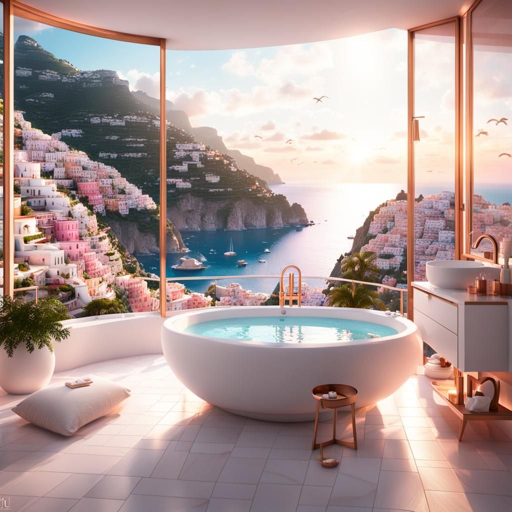 Modern White Bathroom with Rose Gold Jacuzzi, 3D Digital Art
