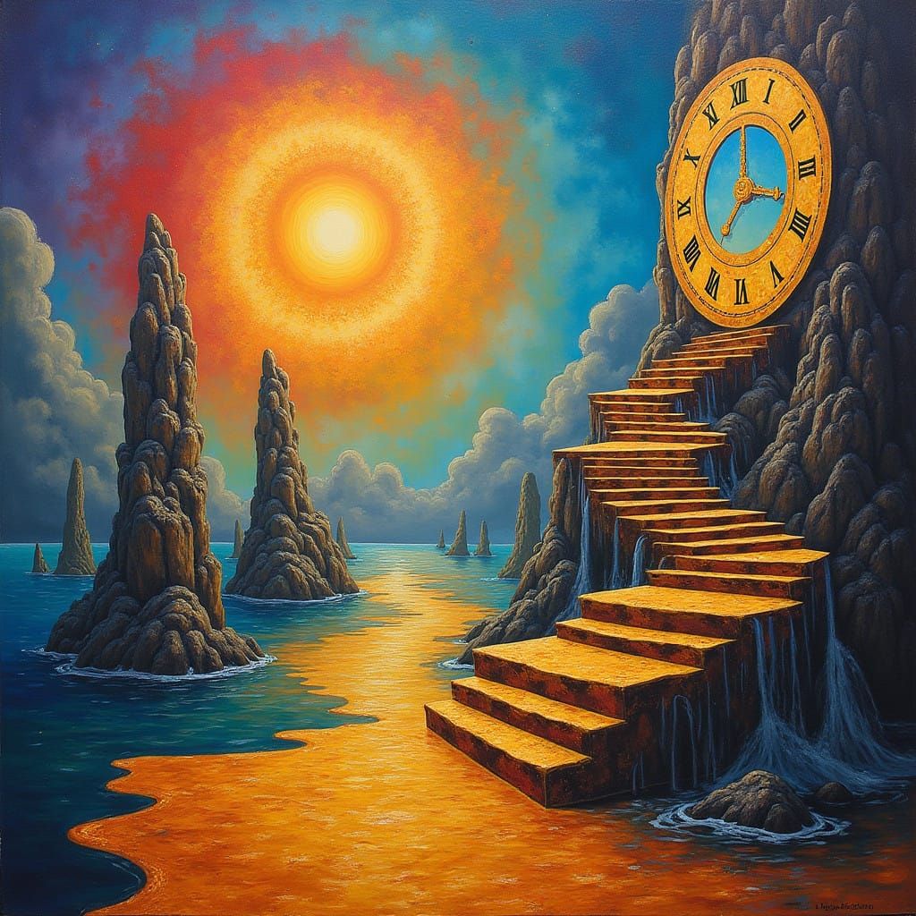 Surreal Dreamscape in Liquid Gold: Infinite Stairs and Melti...