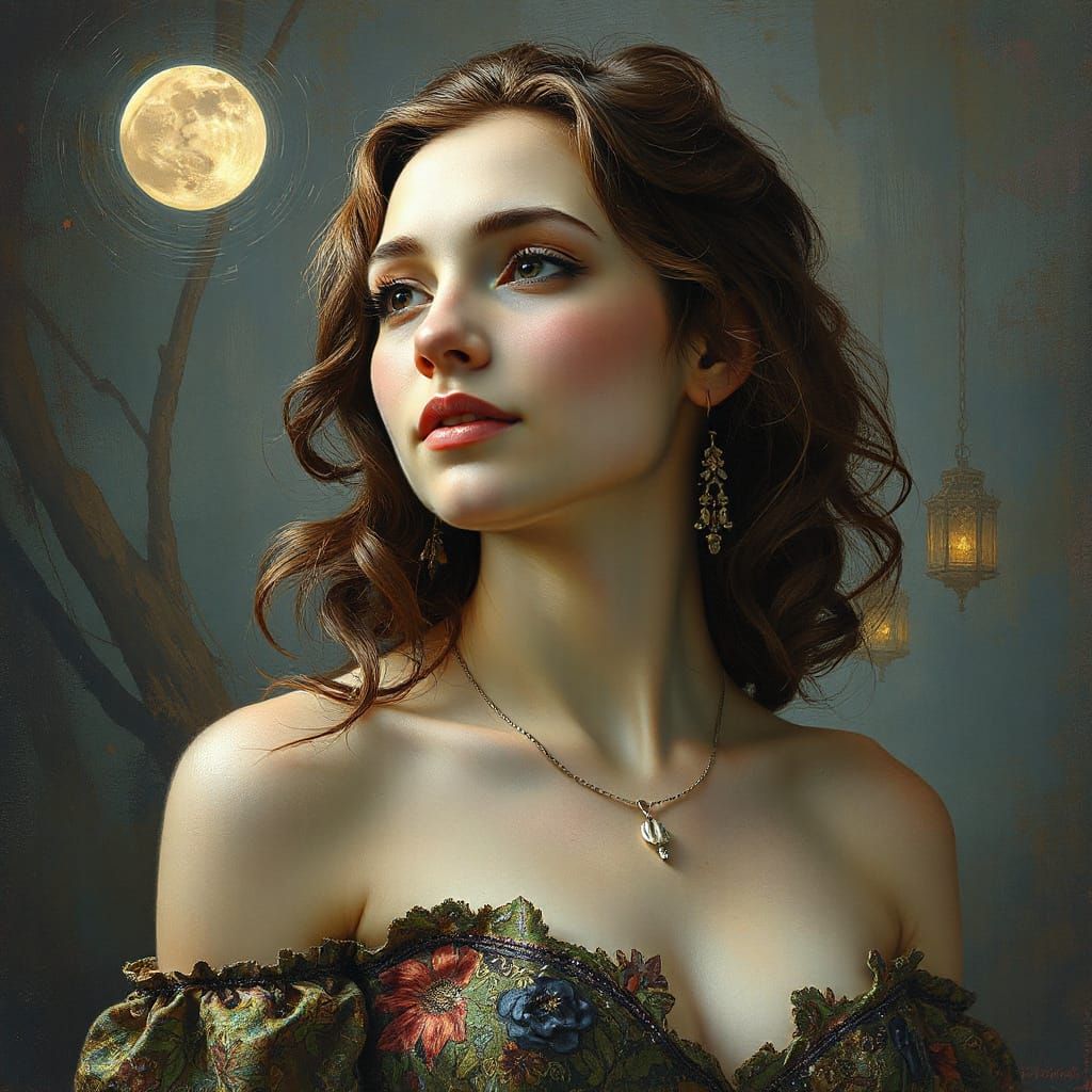 Moon Woman Portrait in Bromoil Print Style