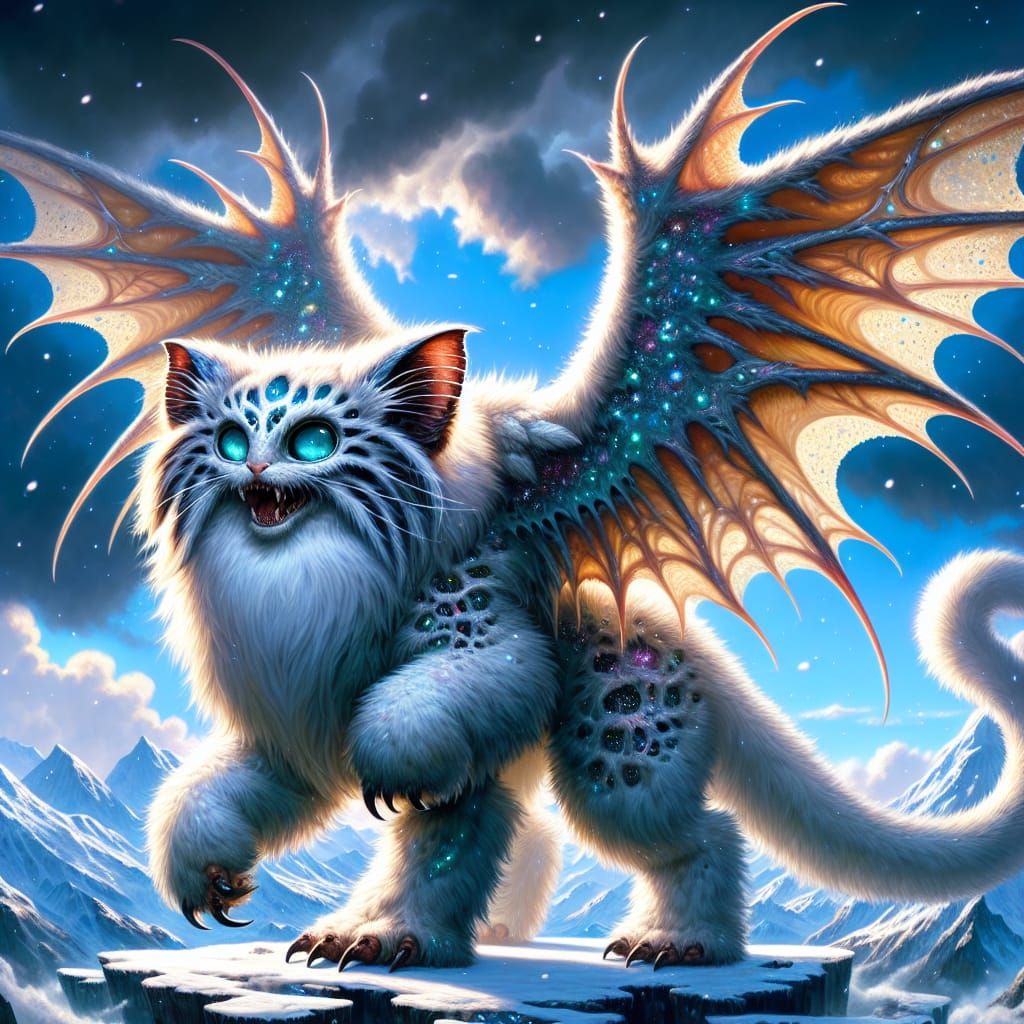Monstrous Pallas Cat Dragon Stands Proud on Snowy Mountain