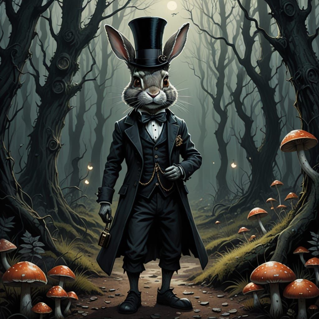 Whimsical Rabbit in Twisted Forest, Tim Burton Style
