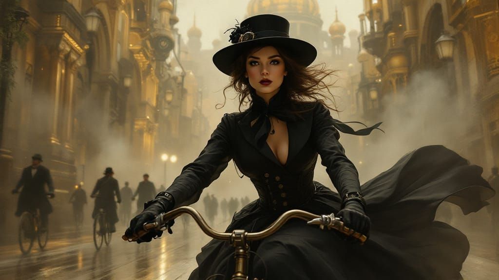 Steampunk Woman Cycles Through Golden City
