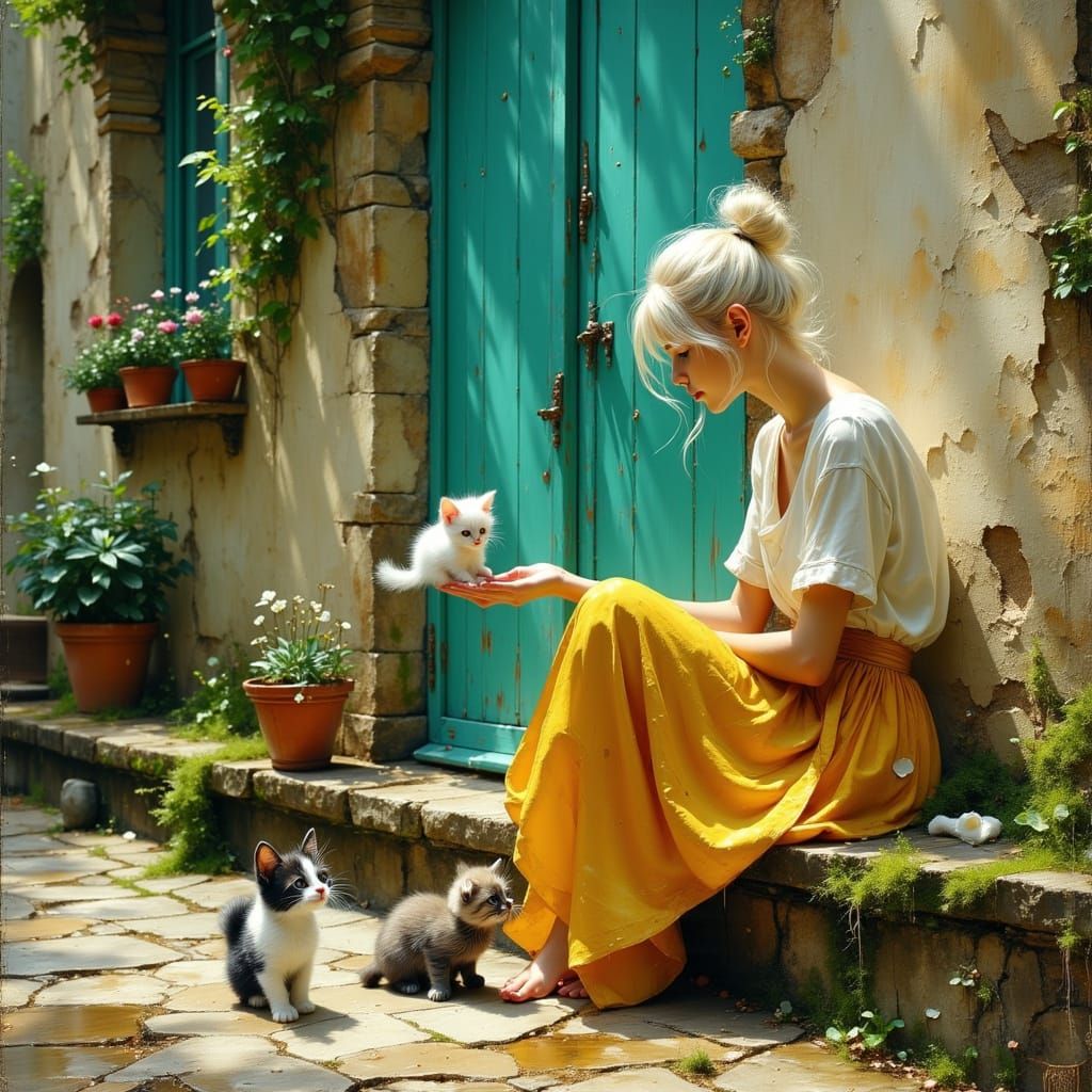 Ethereal Moment of a Woman Surrounded by Whimsical Kittens i...