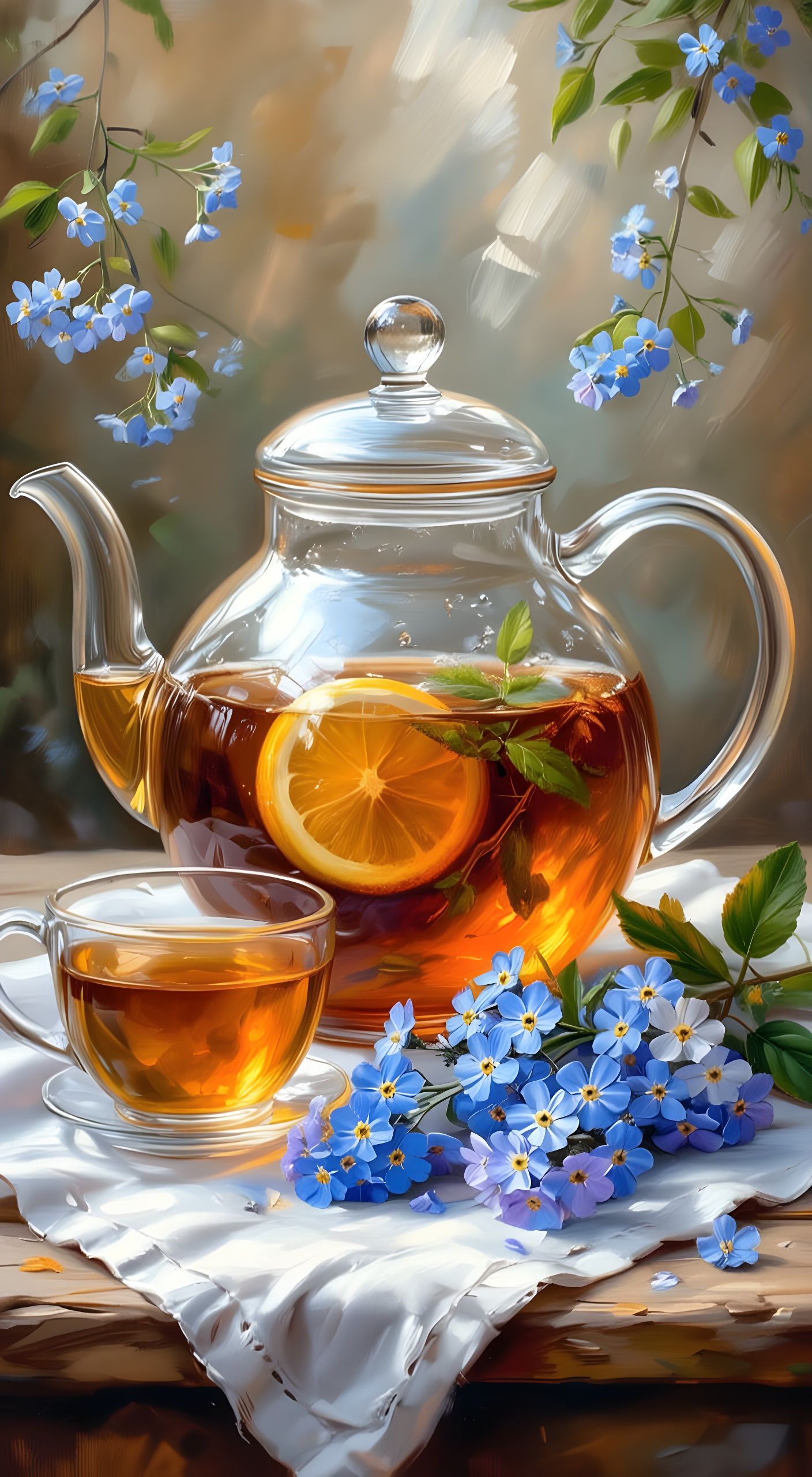Luminous Oil Painting of Elegant Glass Teapot with Forget-Me...