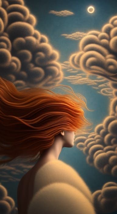 Woman in Surreal Sun and Moon Clouds