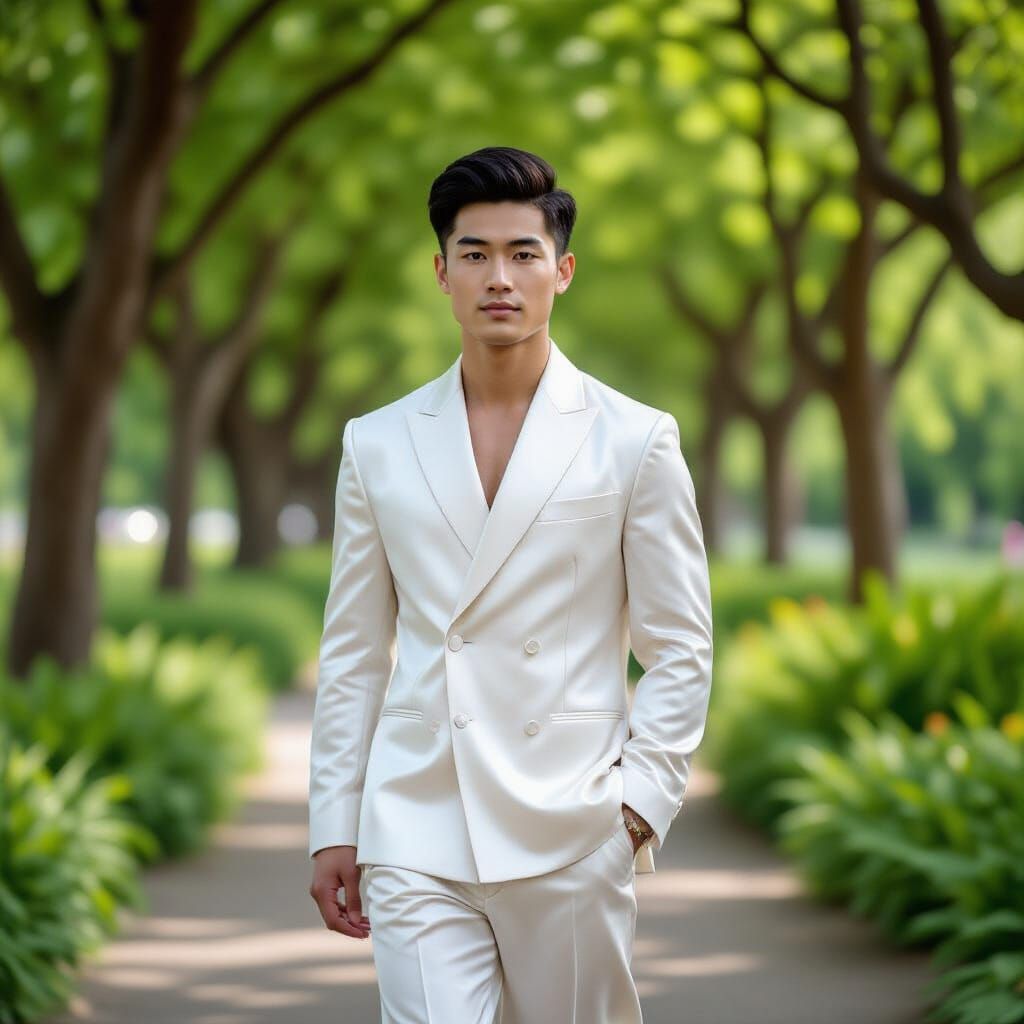 Man in Silk Outfit Walking Through Lush Park