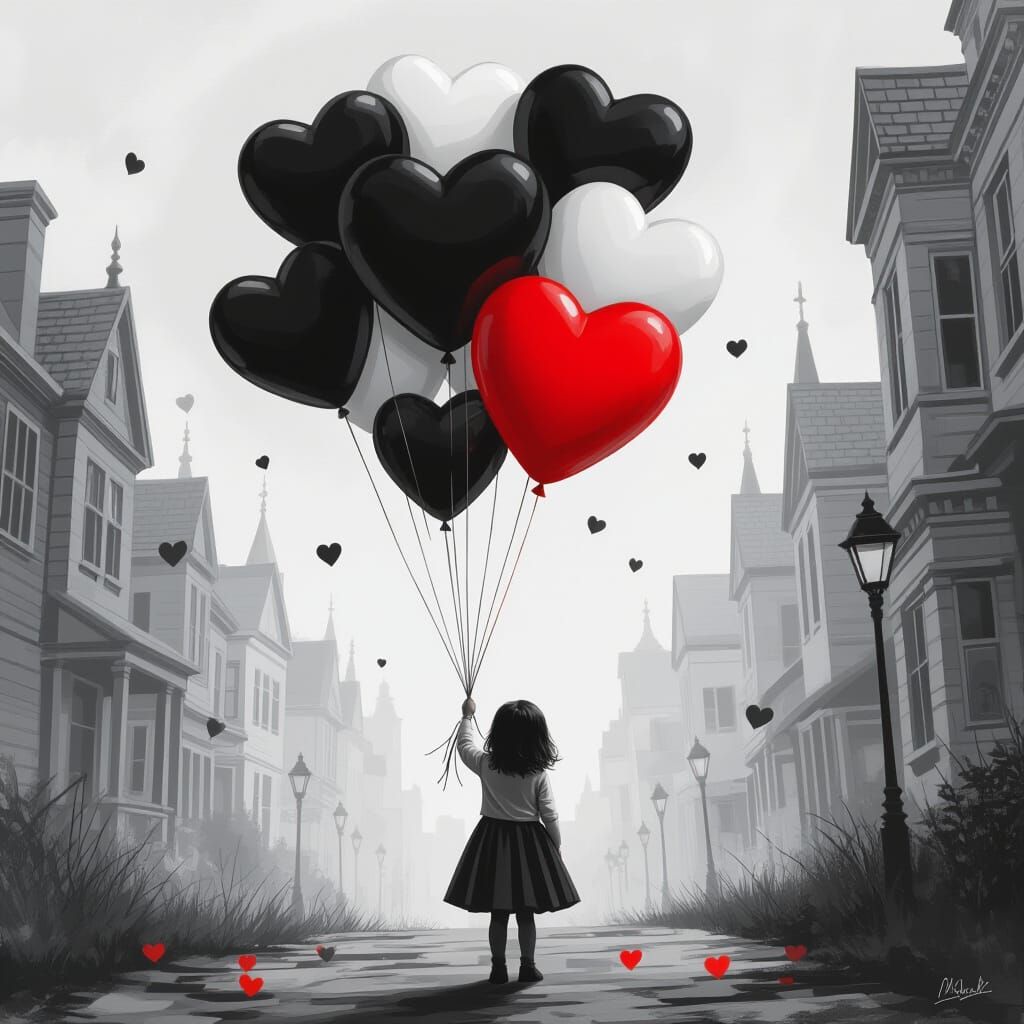 Girl with Heart Balloons: Matte Painting in Deep Color