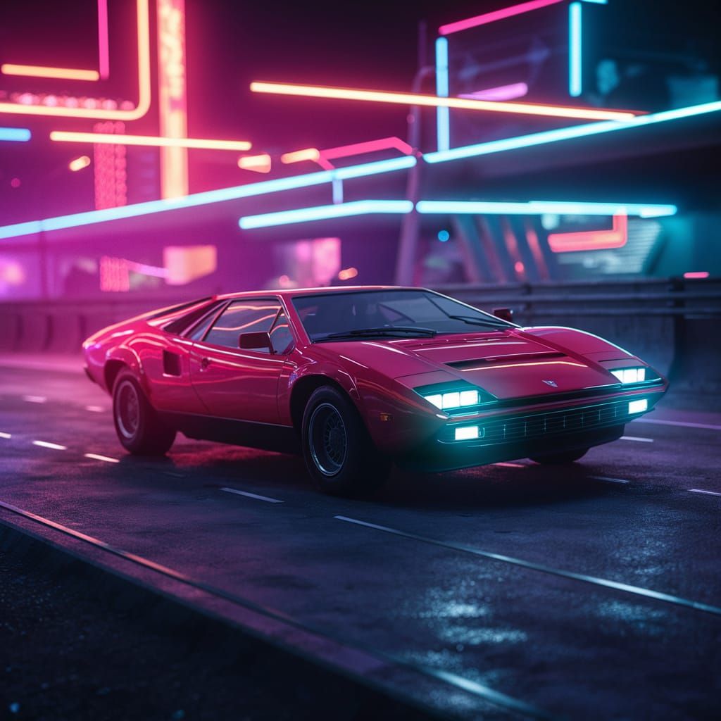 Synthwave Cityscape with Speeding Buggati