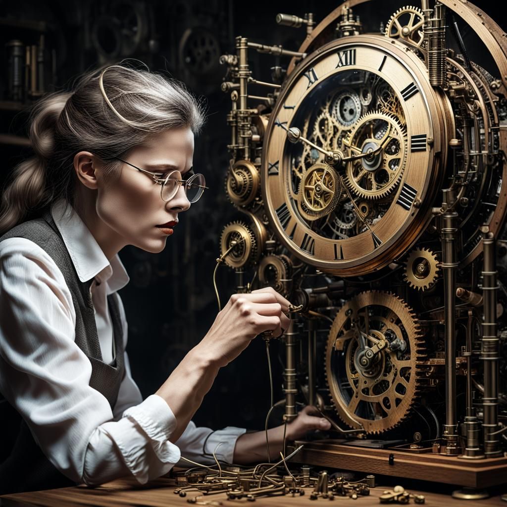 Woman Repairs Clock in Hyper-Realistic Digital Art