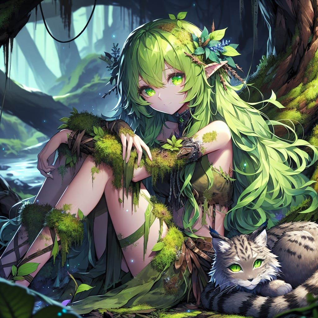 Anime Druid Girl with Moss in Fantasy Art