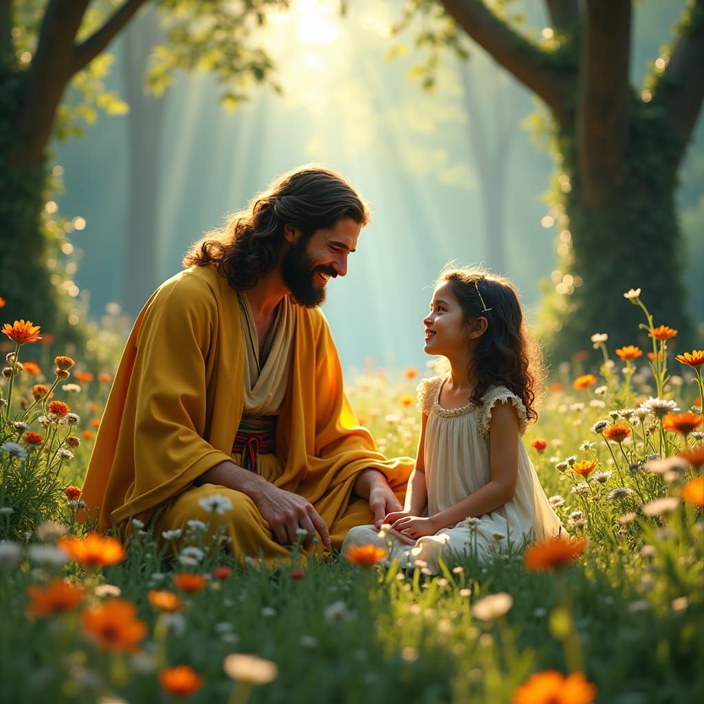 Jesus and Girl in Ethereal Meadow