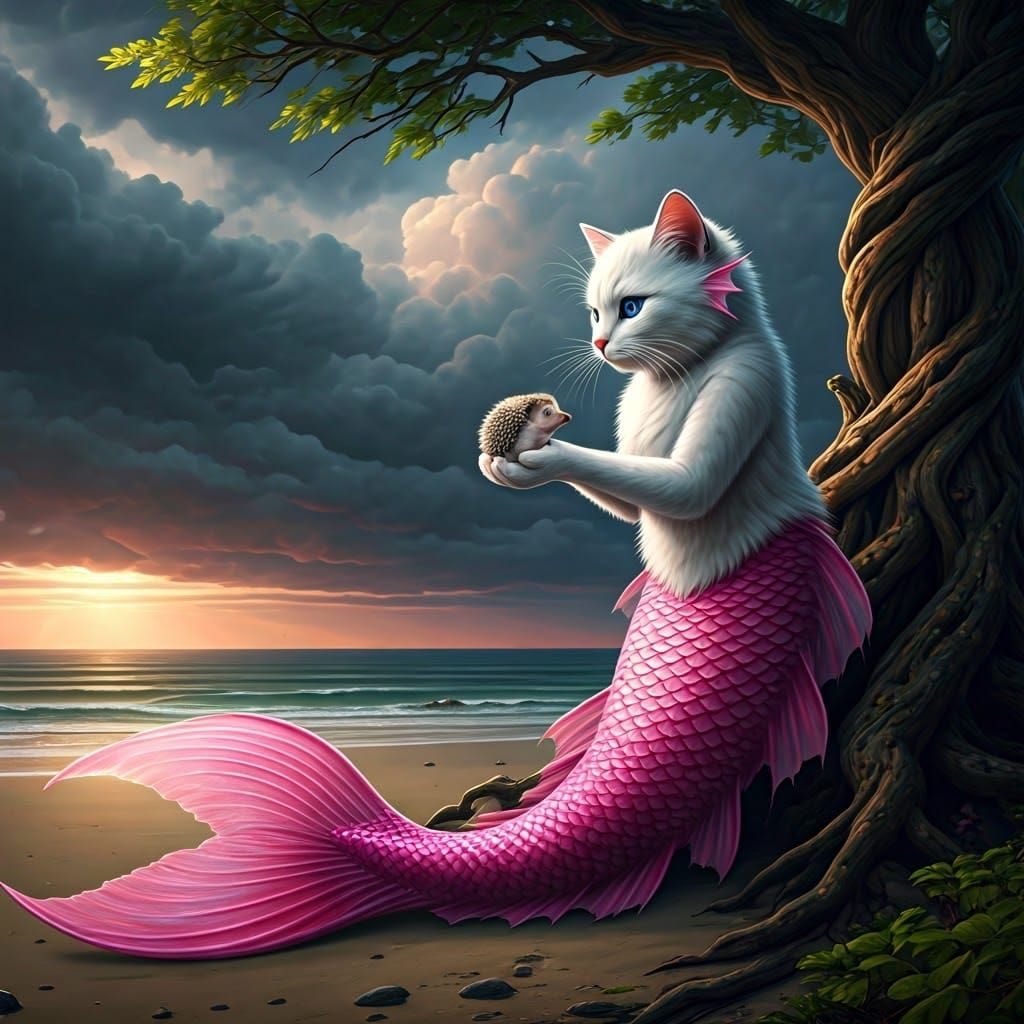 Cat-Mermaid's Affection: Fantasy Beach Scene in 8k