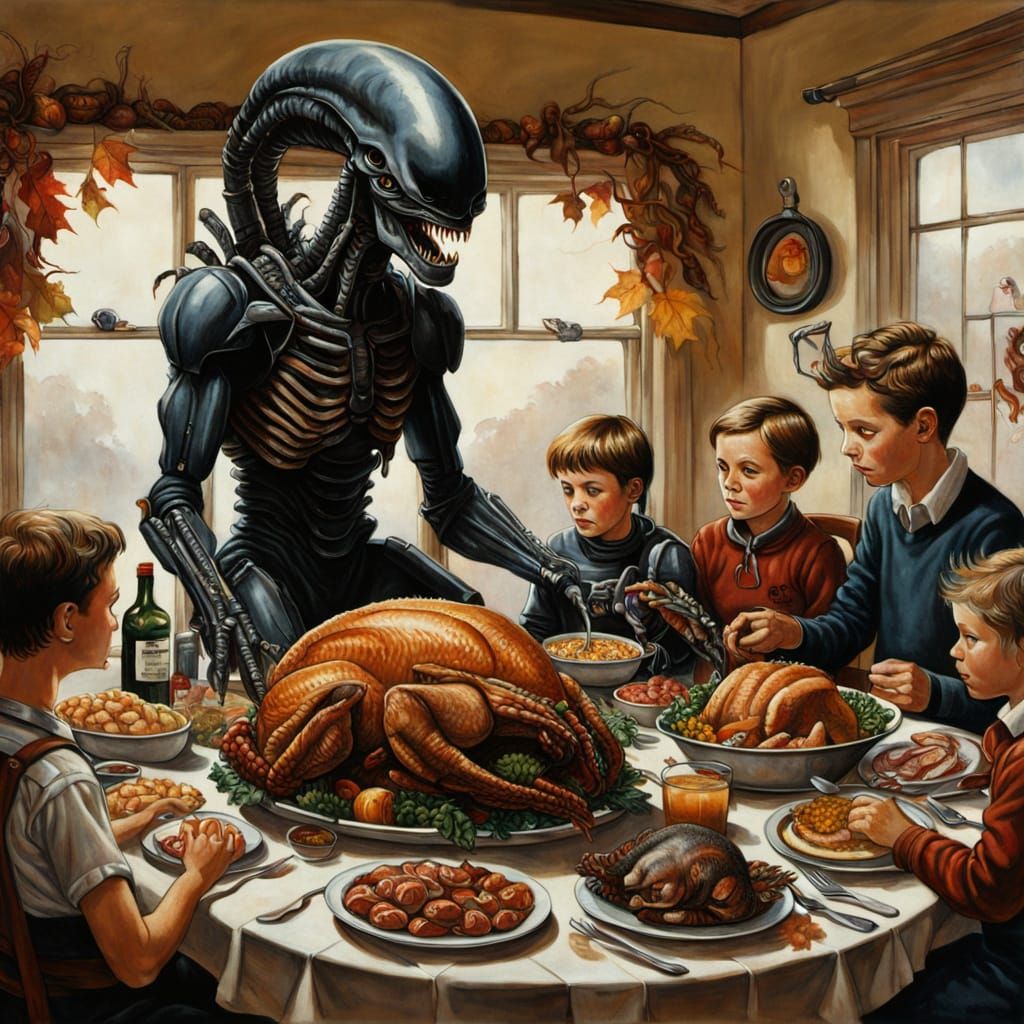 Xenomorph Family Thanksgiving Feast in Norman Rockwell Style