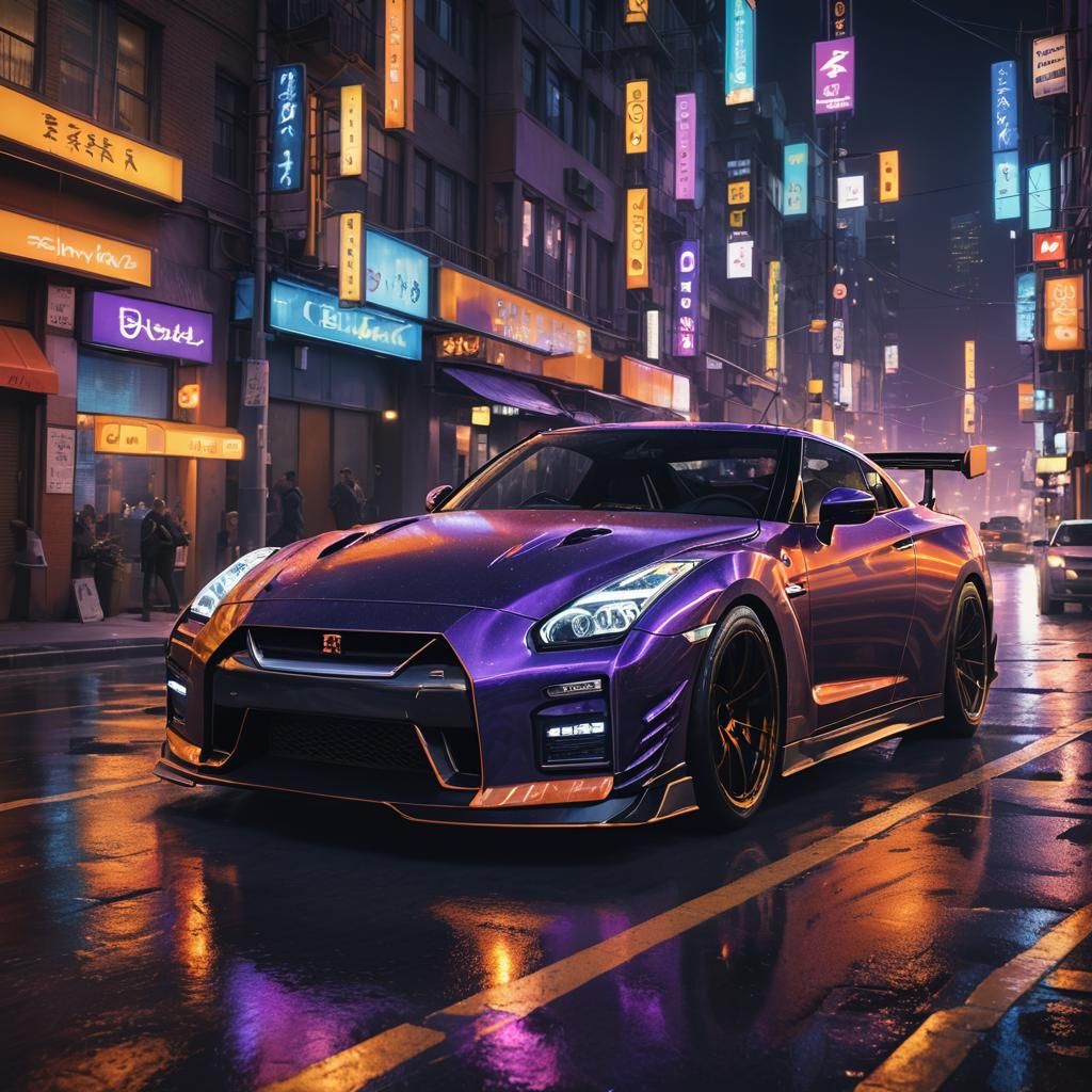 GTR R35 Speeds Through Neon Cityscape in Matte Painting