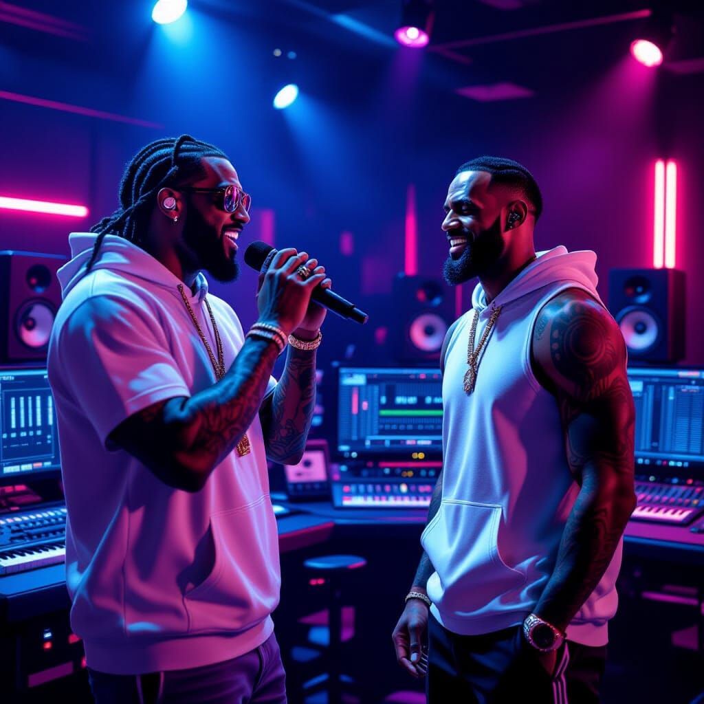 Drake Rapping with Lebron James in Neon-Lit Studio