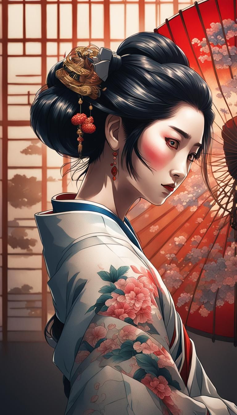 Geisha Tattoo Portrait in Anime Style