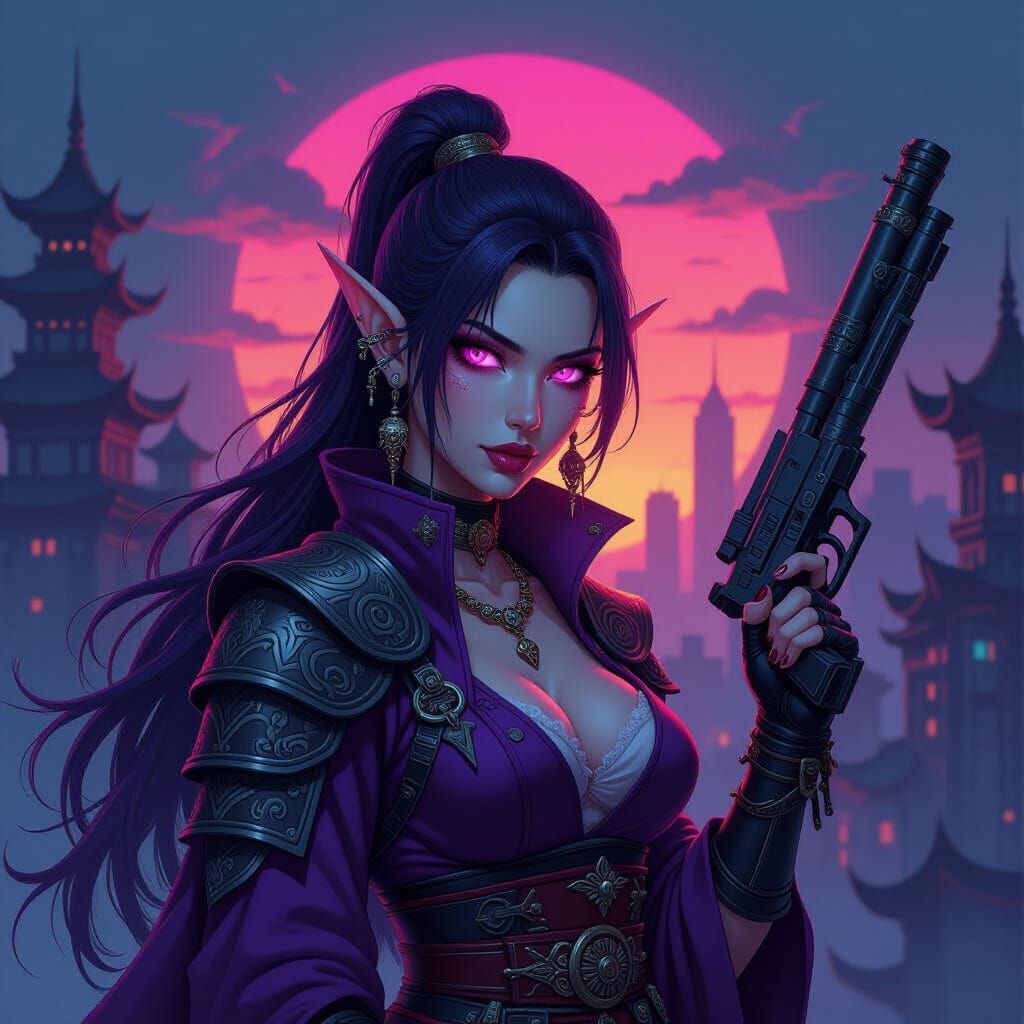 Cyberpunk Elf Mercenary in Dark Fantasy Digital Art