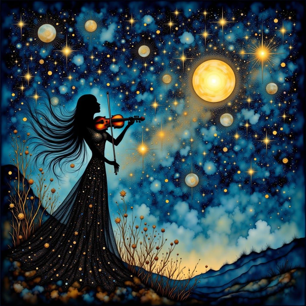 Celestial Violinist Weaving Constellations in Gouache