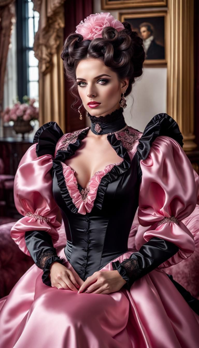 Victorian Woman in Black and Pink Satin Dress