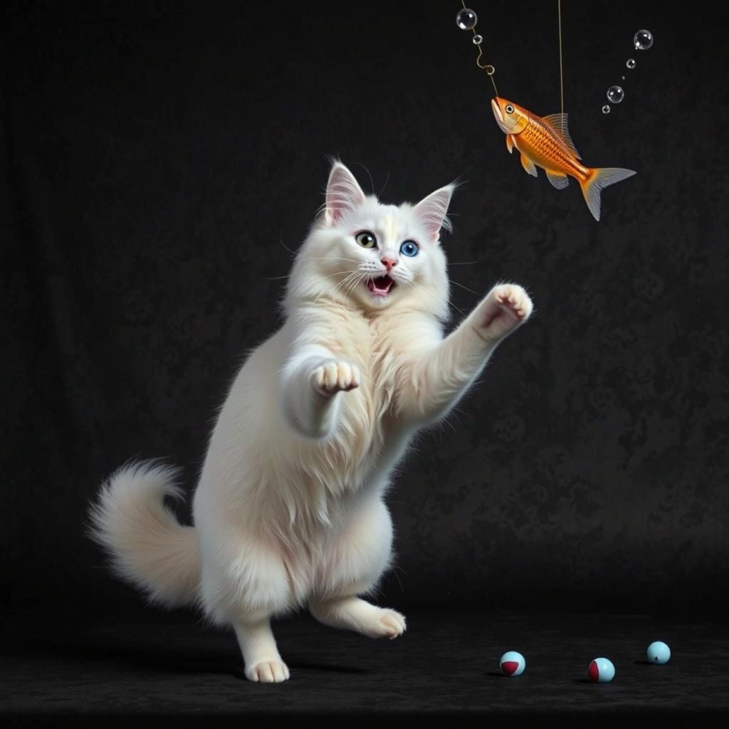Angora Cat Leaping for Toy, Studio Portrait