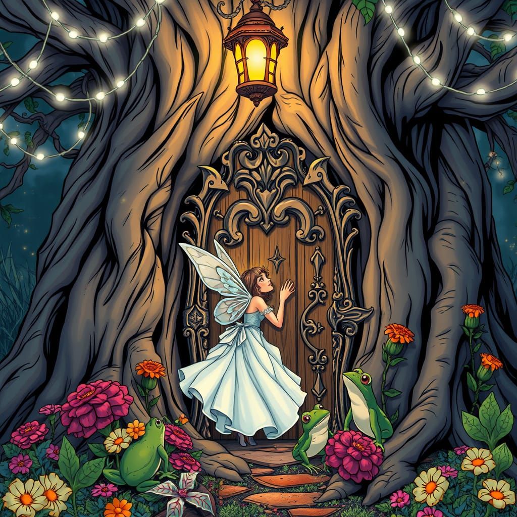 Fairy Peeking From Whimsical Tree Door