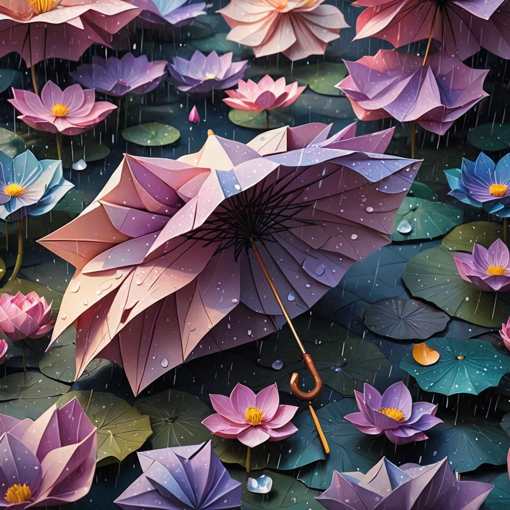 Origami Lotus Protected from Rain, Digital Art