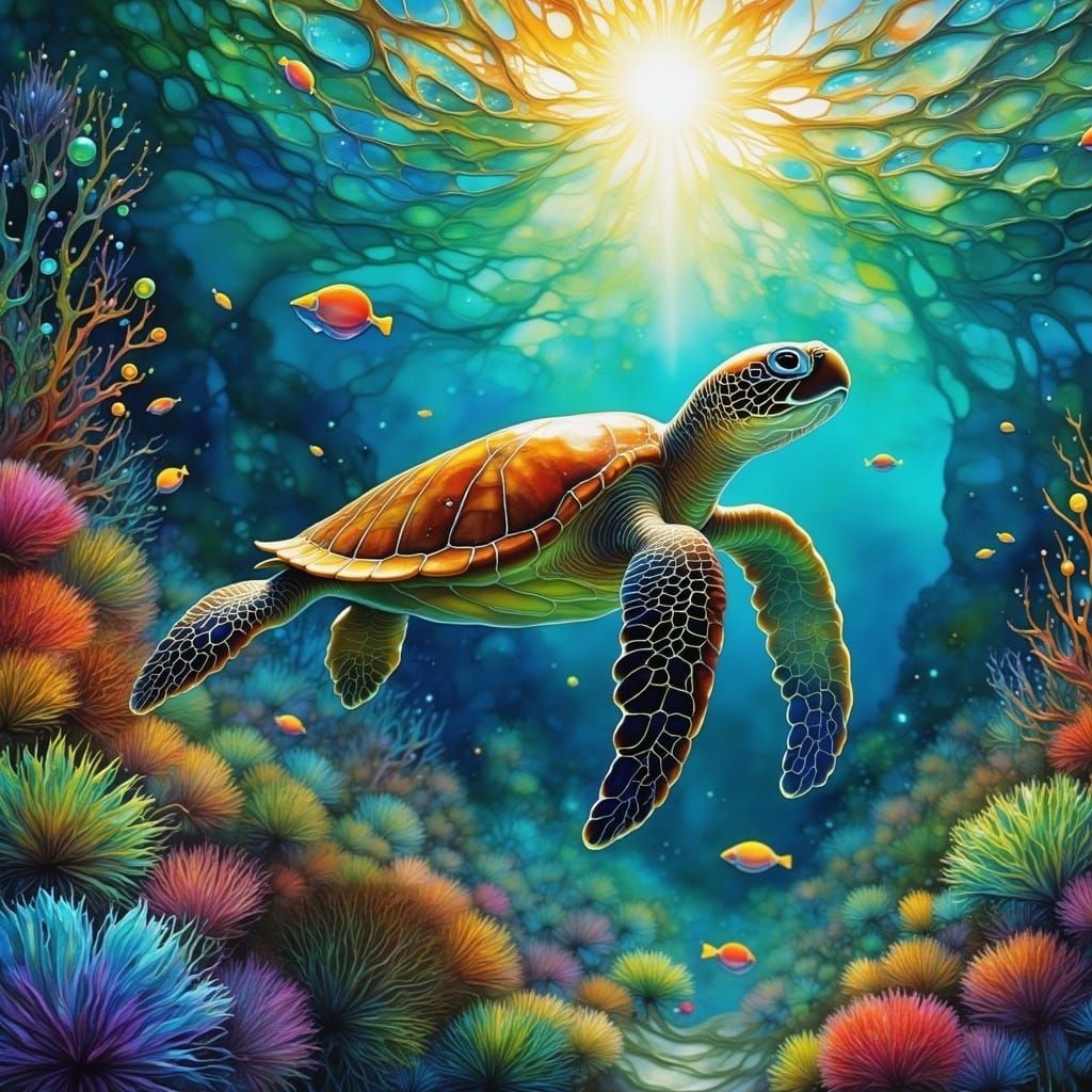Majestic Sea Turtle in Turquoise Ocean, Fantasy Concept Art
