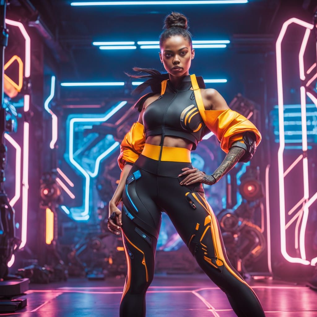 Powerful Athlete in High-Tech Overwatch-Inspired Gym Wear