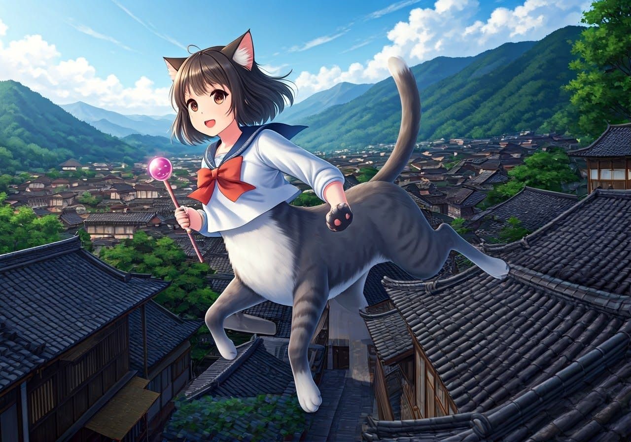 Anime Cat-Centaur Magic Girl Leaps Through Asian Village Roo...