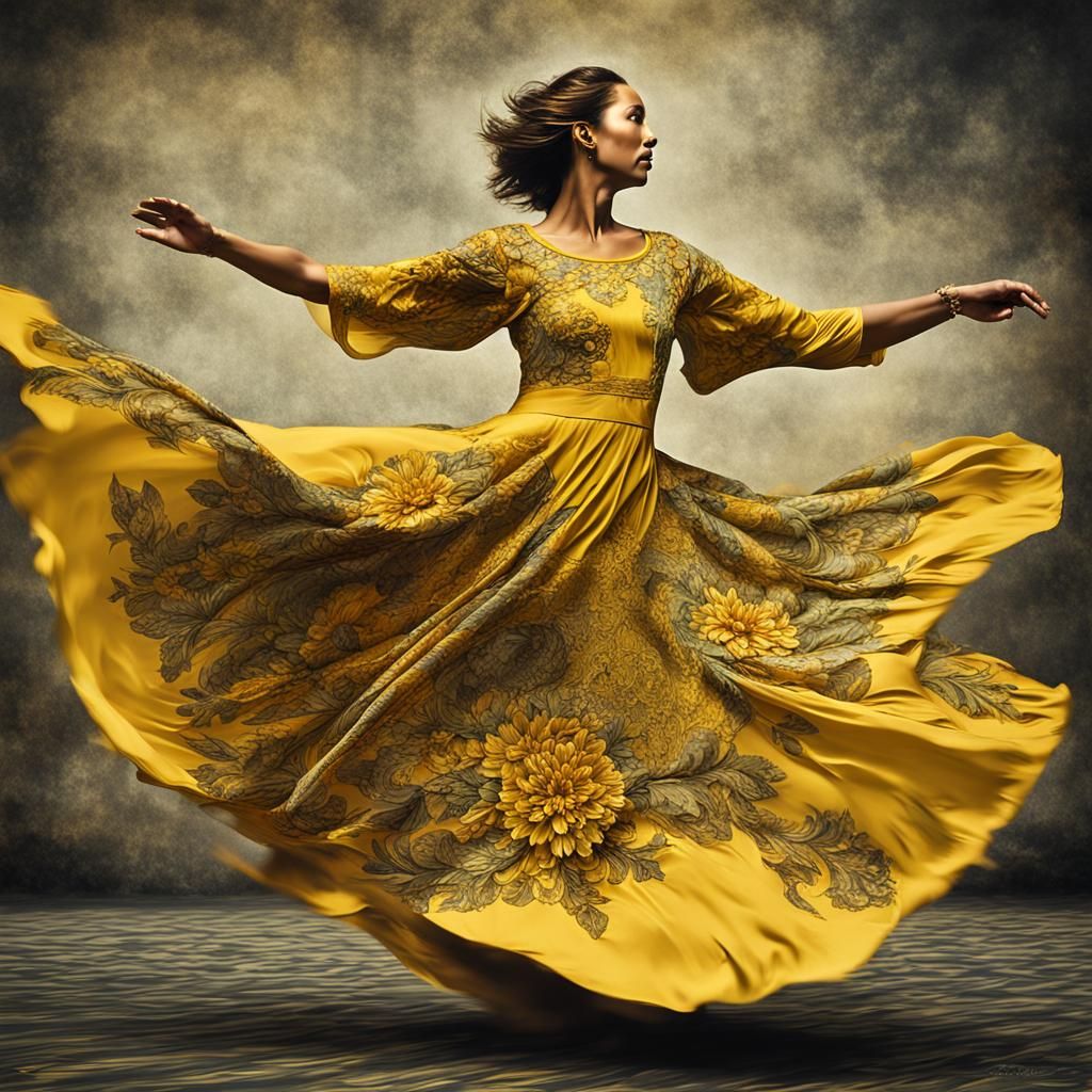 Mature Woman in Flowered Dress Twirling