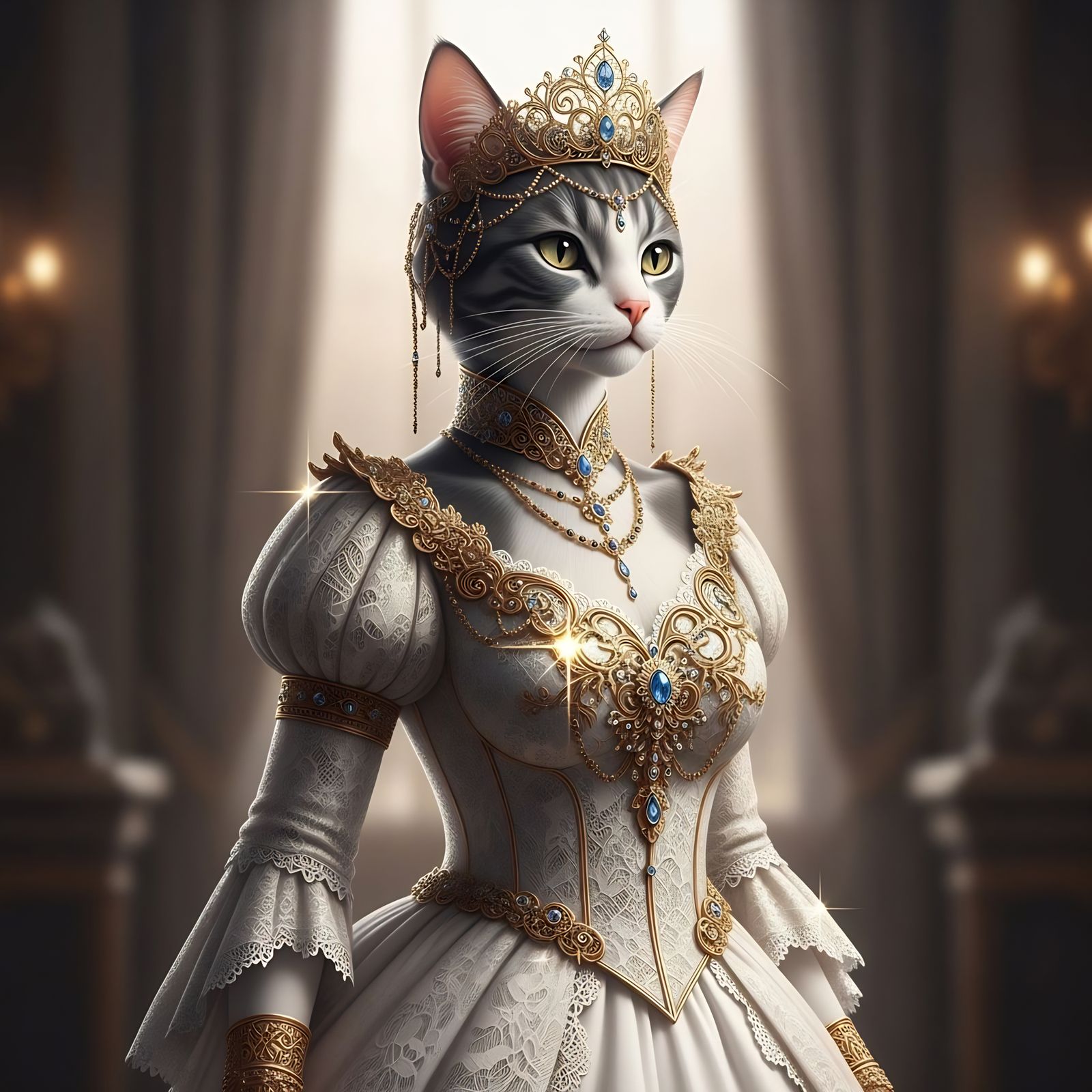 Elegant Cat Princess in Ornate Gown with Golden Tiara