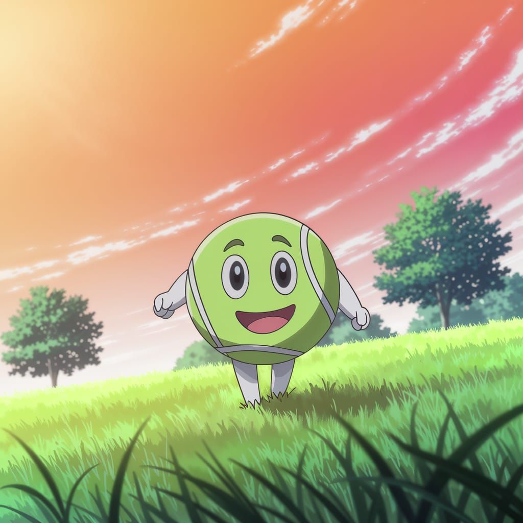 Vibrant Anime Tennis Ball Walks Across Sunlit Field