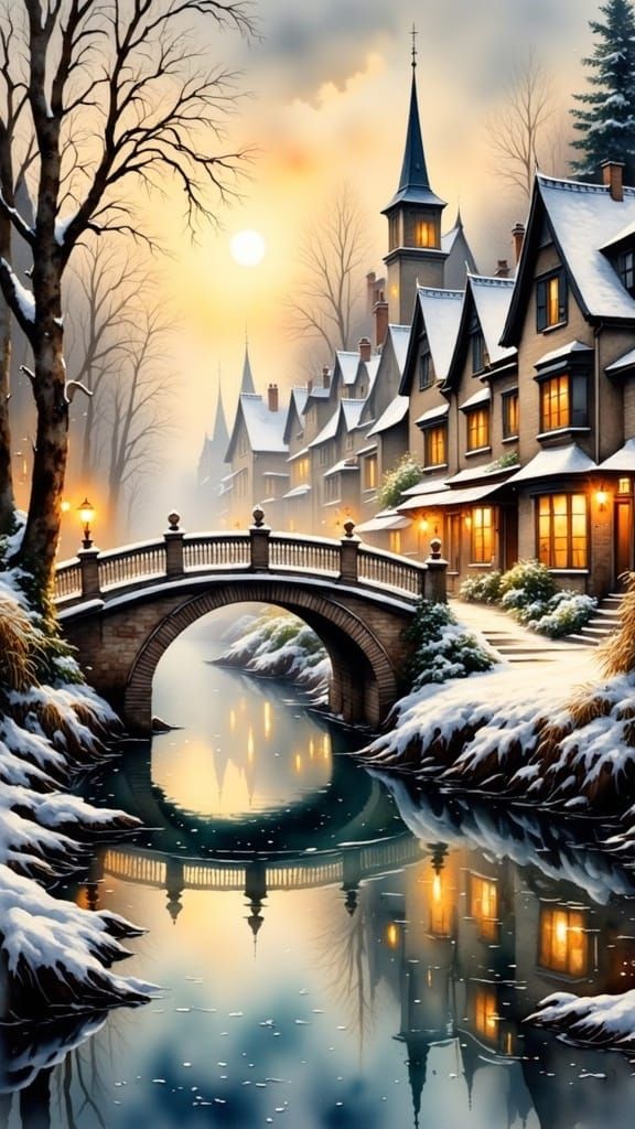 Whimsical Watercolor Village Scene with Amber Lighting and S...