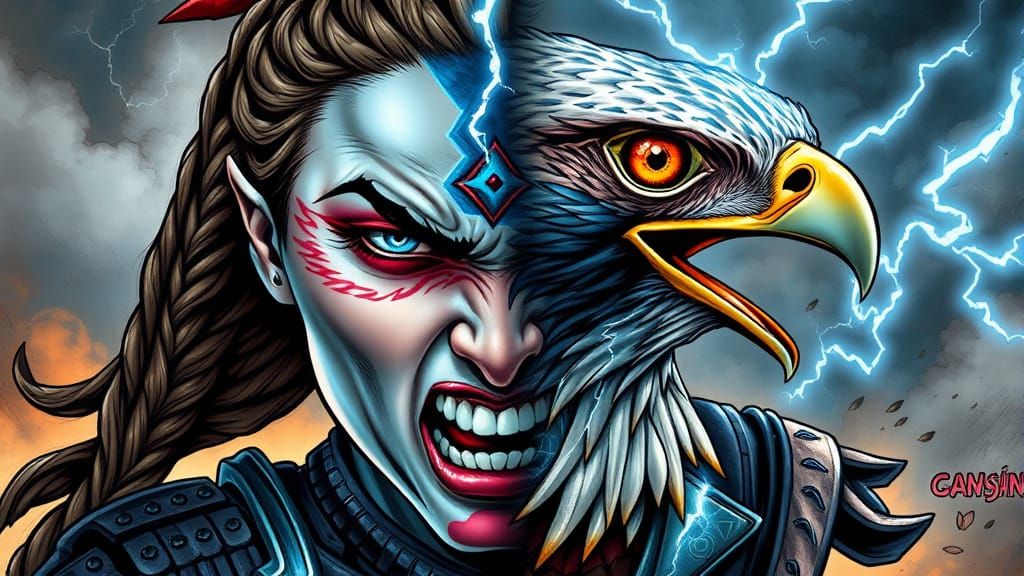 Warrior Queen: Human and Falcon in Comic Style